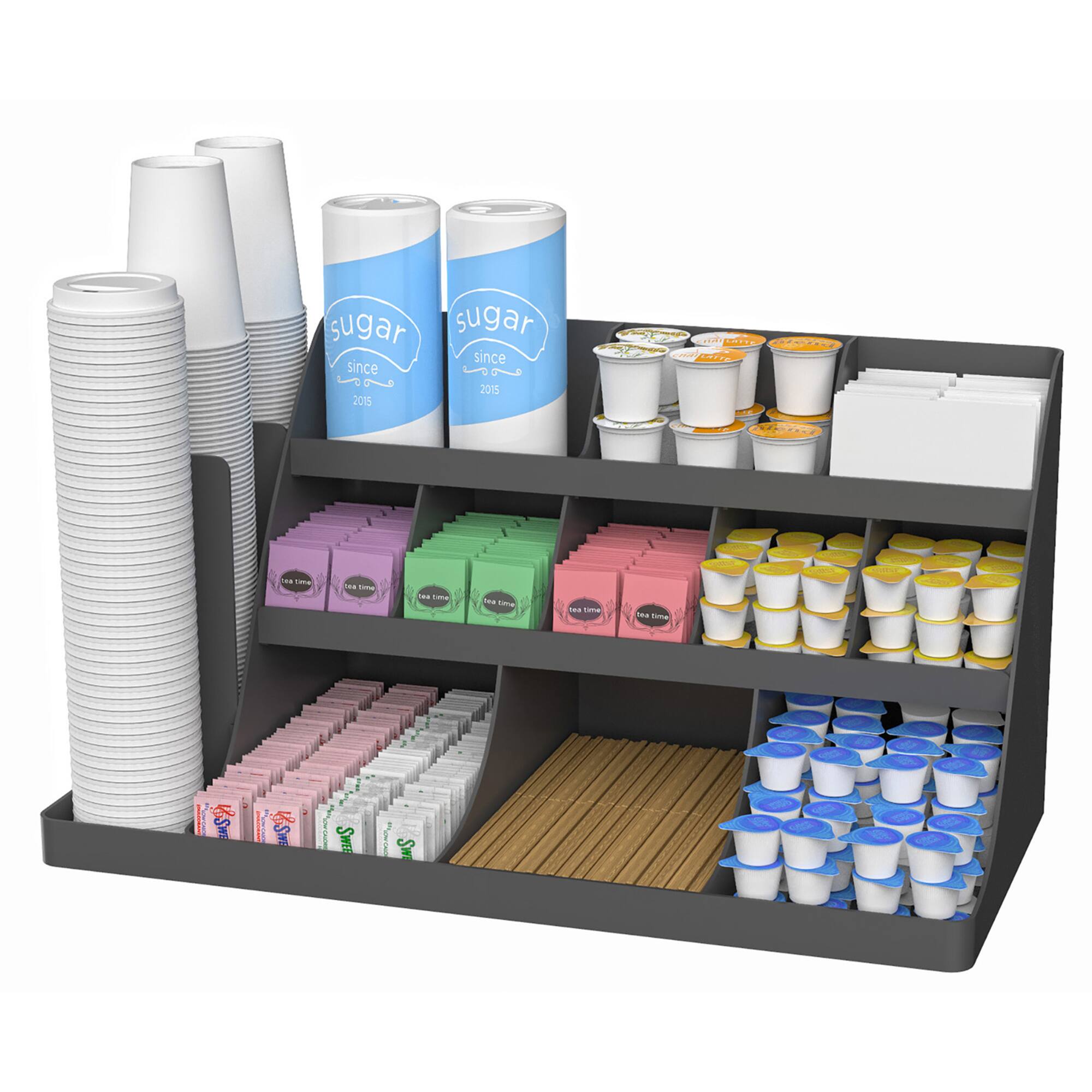 Mind Reader Black 14-Compartment 3-Tier Large Breakroom Coffee Condiment Organizer